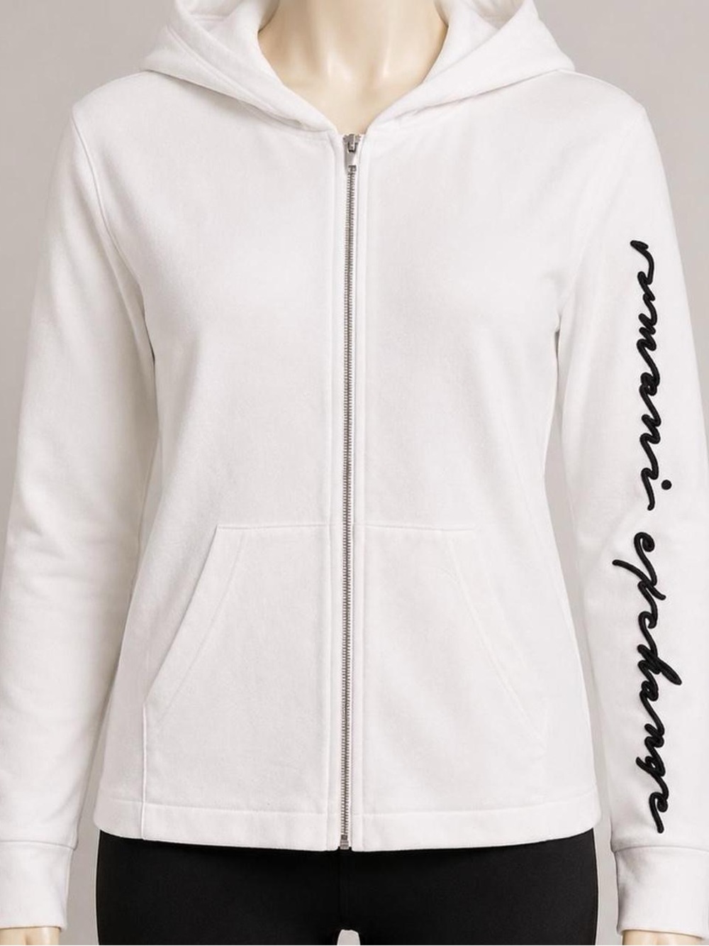 Armani Exchange White Zip Hoodie with Script Sleeve